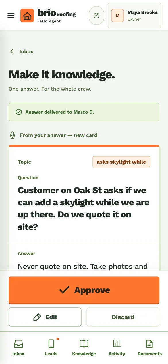 A reply ready to approve, with a large Approve button