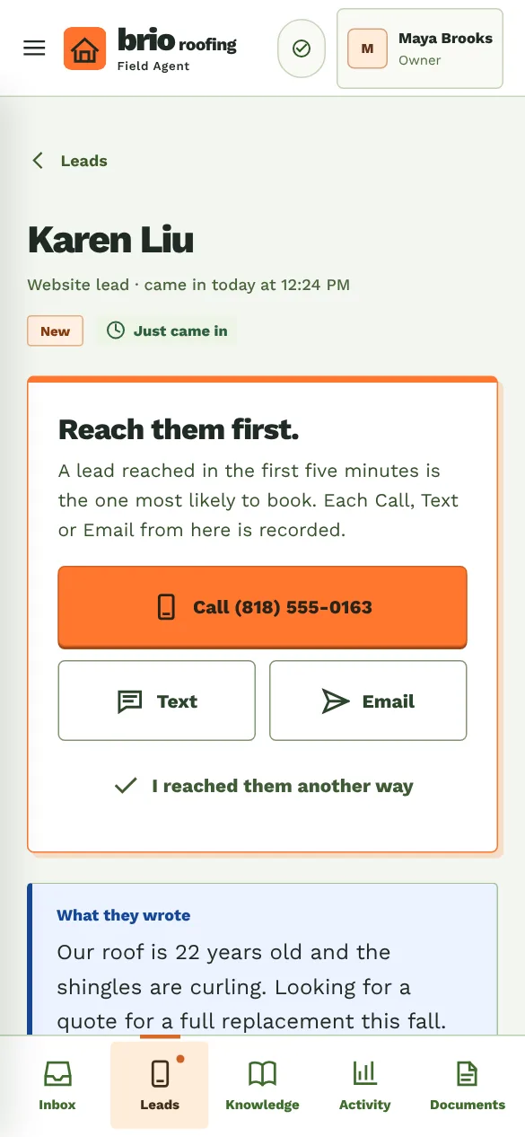 A lead's page with Call, Text and Email at the top